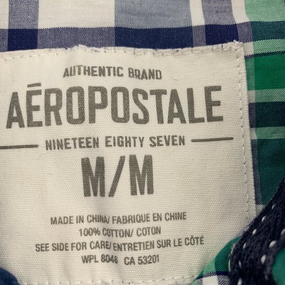 Men's Plaid Aeropostale Button Down Shirt Medium Long Sleeve 100% Cotton Green B - Picture 3 of 15